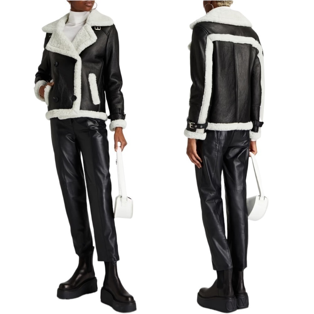 Muubaa London | NWT Black Leather Finish Button Front Shearling Jacket - Sz UK12